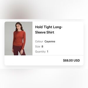 Hold Tight Long Sleeve Shirt. lululemon. Size 8.